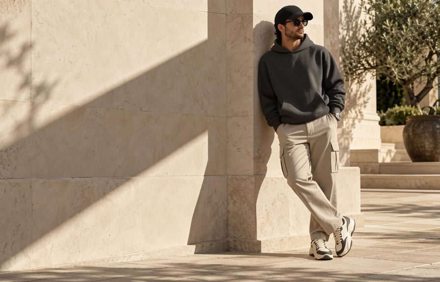 AI outfit preview with charcoal hoodie, cargo trousers, sneakers and accessories